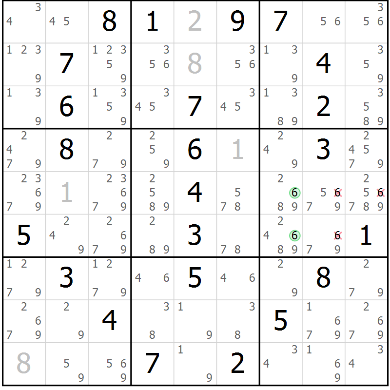 Position des candidats pour la solution de la Gr 9 page 12 du magazine de sudoku Maestro n° 085