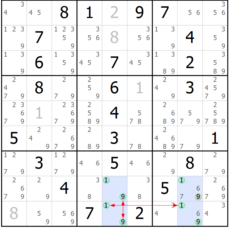 Position des candidats pour la solution de la Gr 9 page 12 du magazine de sudoku Maestro n° 085