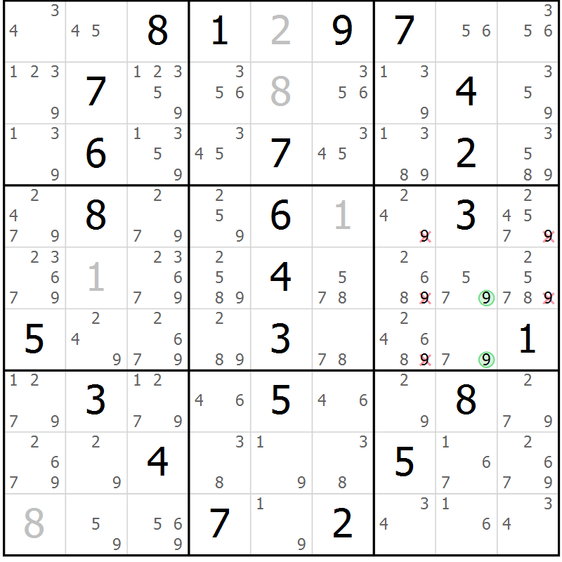 Position des candidats pour la solution de la Gr 9 page 12 du magazine de sudoku Maestro n° 085