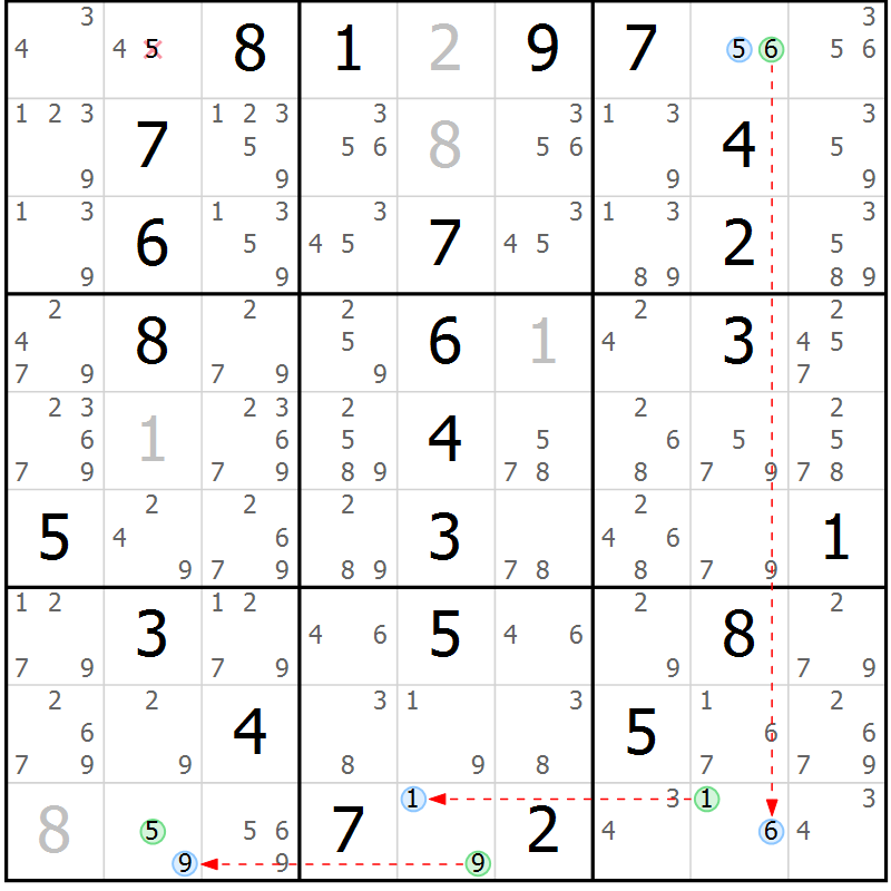 Position des candidats pour la solution de la Gr 9 page 12 du magazine de sudoku Maestro n° 085