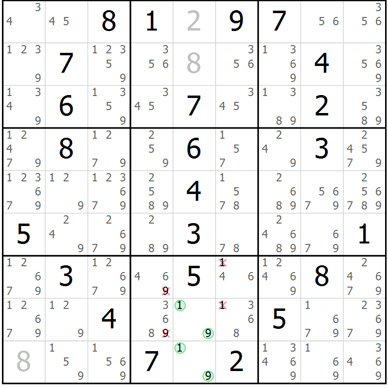 Position des candidats pour la solution de la Gr 9 page 12 du magazine de sudoku Maestro n° 085
