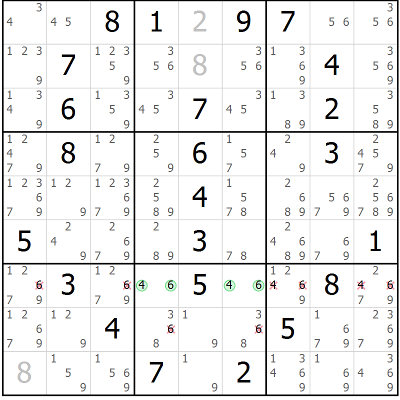 Position des candidats pour la solution de la Gr 9 page 12 du magazine de sudoku Maestro n° 085
