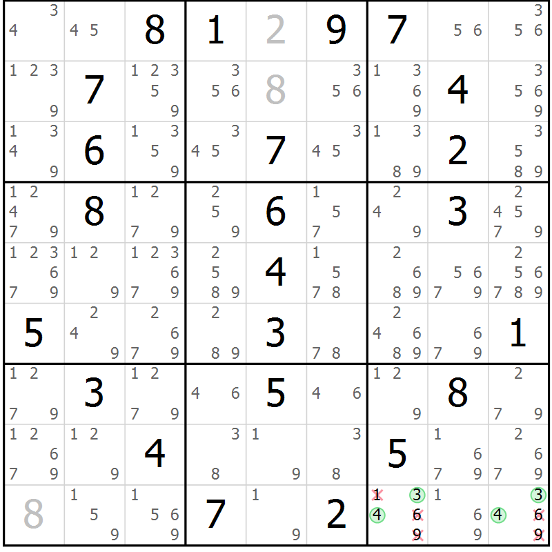 Position des candidats pour la solution de la Gr 9 page 12 du magazine de sudoku Maestro n° 085