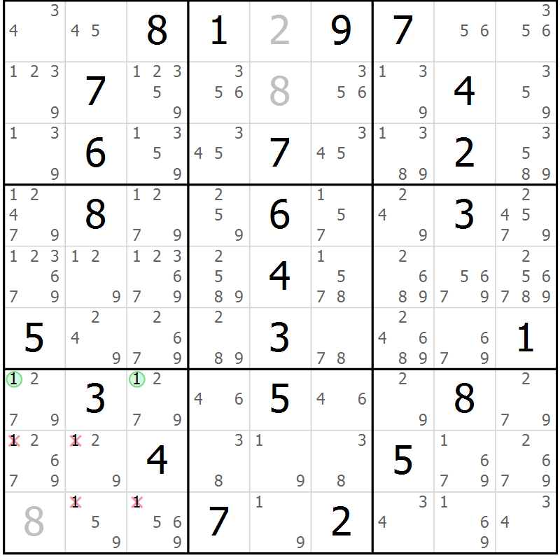 Position des candidats pour la solution de la Gr 9 page 12 du magazine de sudoku Maestro n° 085