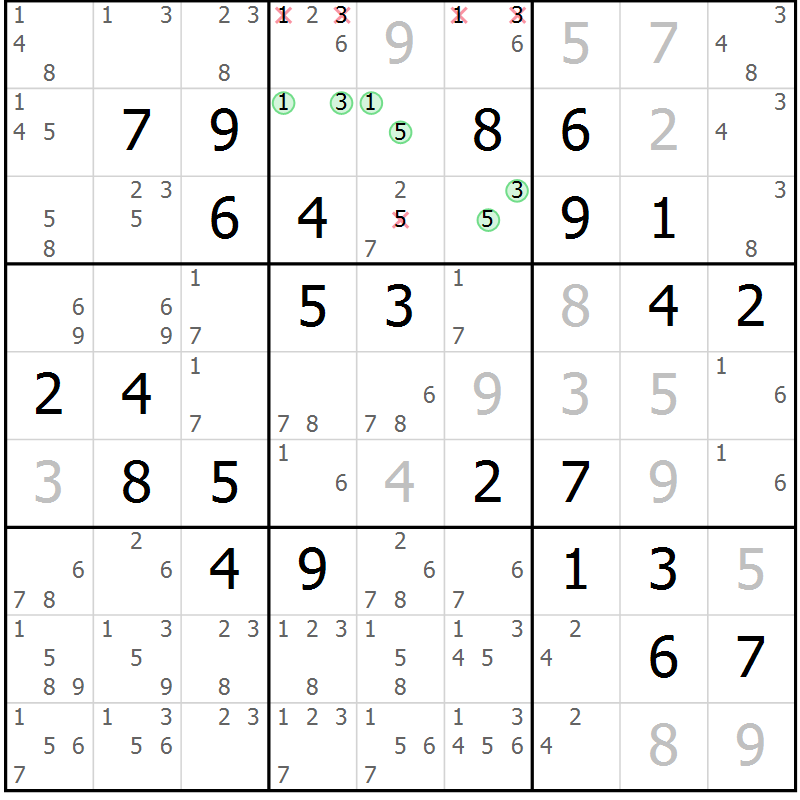 Position des candidats pour la solution de la Gr 1 page 4 du magazine de sudoku Maestro n° 086