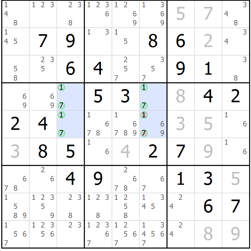 Position des candidats pour la solution de la Gr 1 page 4 du magazine de sudoku Maestro n° 086