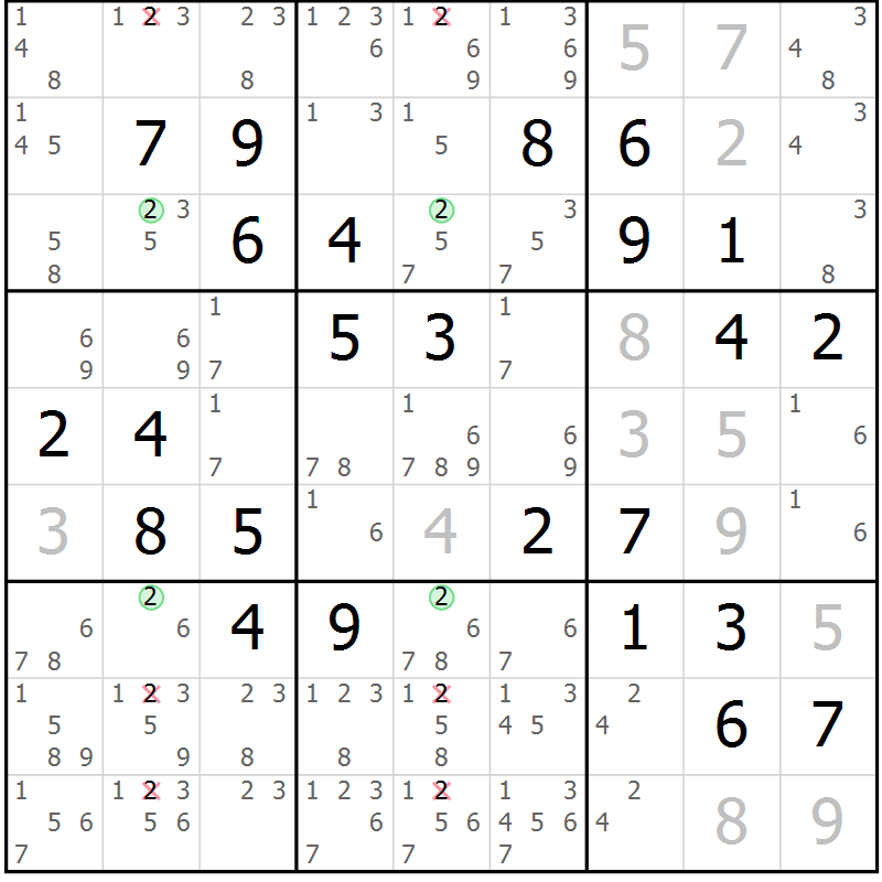Position des candidats pour la solution de la Gr 1 page 4 du magazine de sudoku Maestro n° 086