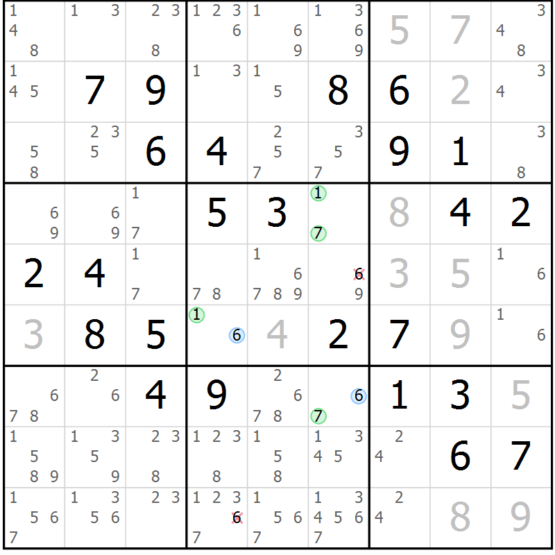 Position des candidats pour la solution de la Gr 1 page 4 du magazine de sudoku Maestro n° 086