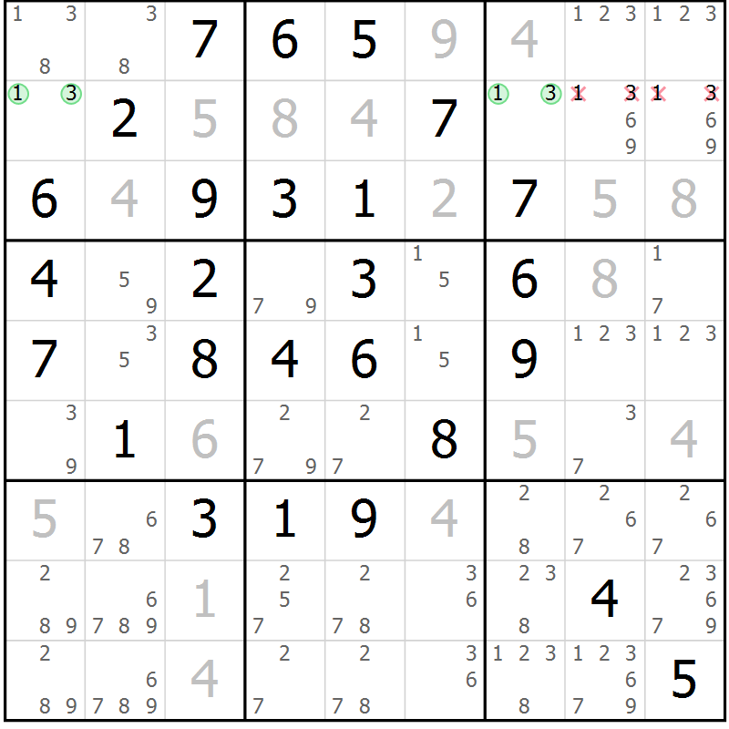 Position des candidats pour la solution de la Gr 10 page 13 du magazine de sudoku Maestro n° 086