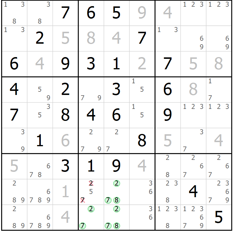 Position des candidats pour la solution de la Gr 10 page 13 du magazine de sudoku Maestro n° 086
