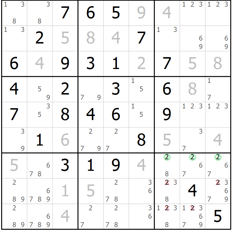 Position des candidats pour la solution de la Gr 10 page 13 du magazine de sudoku Maestro n° 086