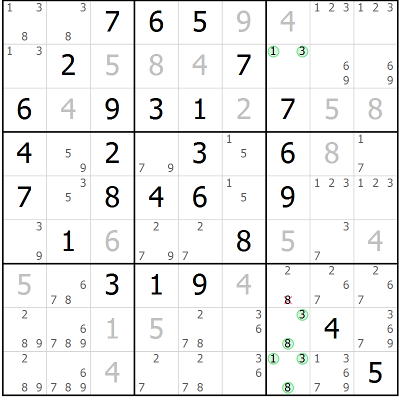 Position des candidats pour la solution de la Gr 10 page 13 du magazine de sudoku Maestro n° 086