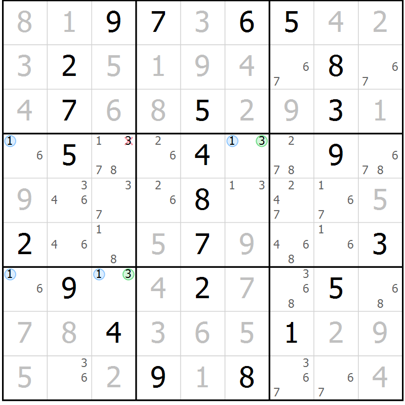 Position des candidats pour la solution de la Gr 18 page 21 du magazine de sudoku Maestro n° 086