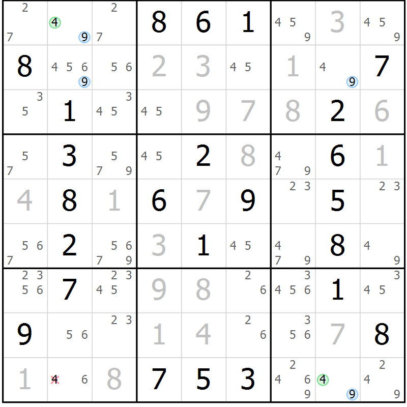 Position des candidats pour la solution de la Gr 19 page 22 du magazine de sudoku Maestro n° 086