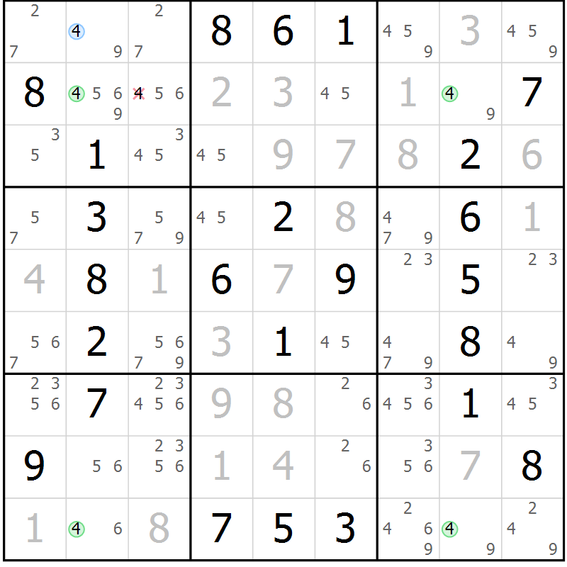 Position des candidats pour la solution de la Gr 19 page 22 du magazine de sudoku Maestro n° 086
