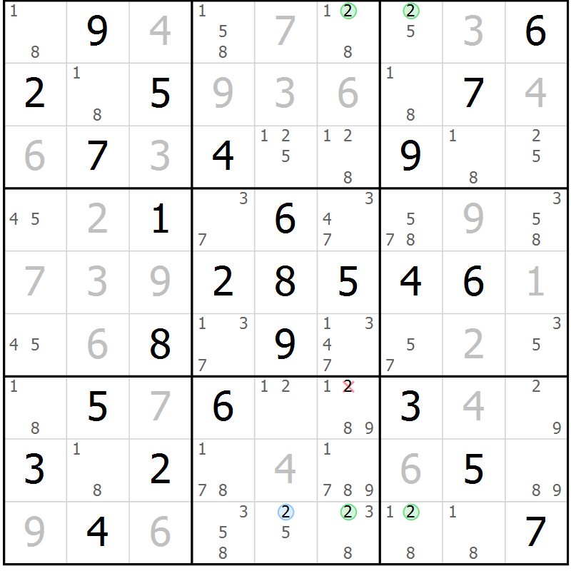 Position des candidats pour la solution de la Gr 2 page 5 du magazine de sudoku Maestro n° 086