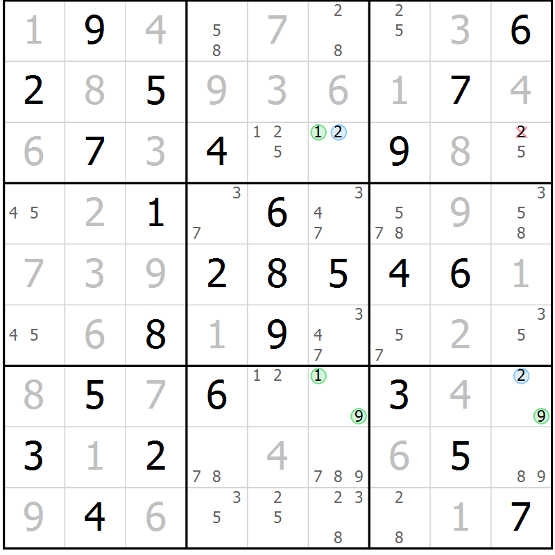 Position des candidats pour la solution de la Gr 2 page 5 du magazine de sudoku Maestro n° 086