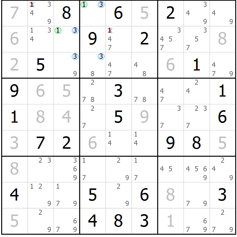 Position des candidats pour la solution de la Gr 22 page 25 du magazine de sudoku Maestro n° 086