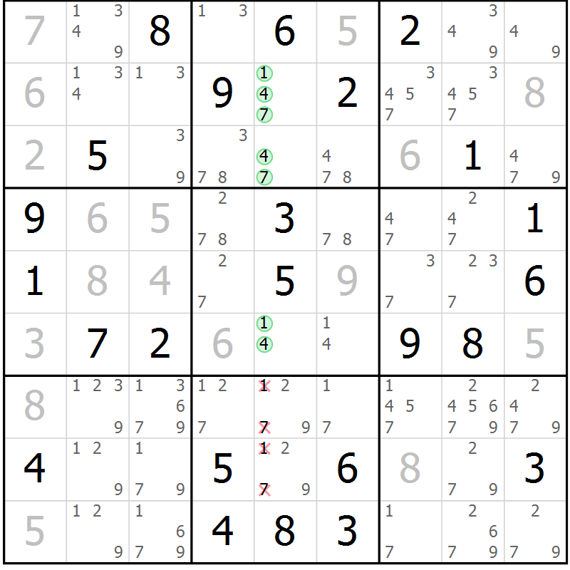 Position des candidats pour la solution de la Gr 22 page 25 du magazine de sudoku Maestro n° 086