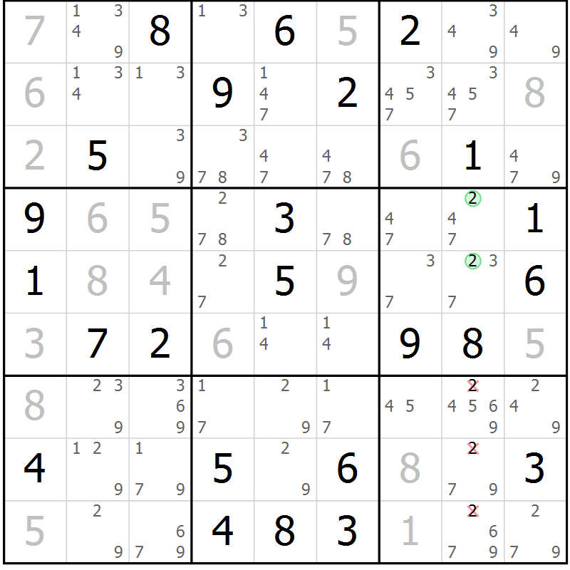 Position des candidats pour la solution de la Gr 22 page 25 du magazine de sudoku Maestro n° 086