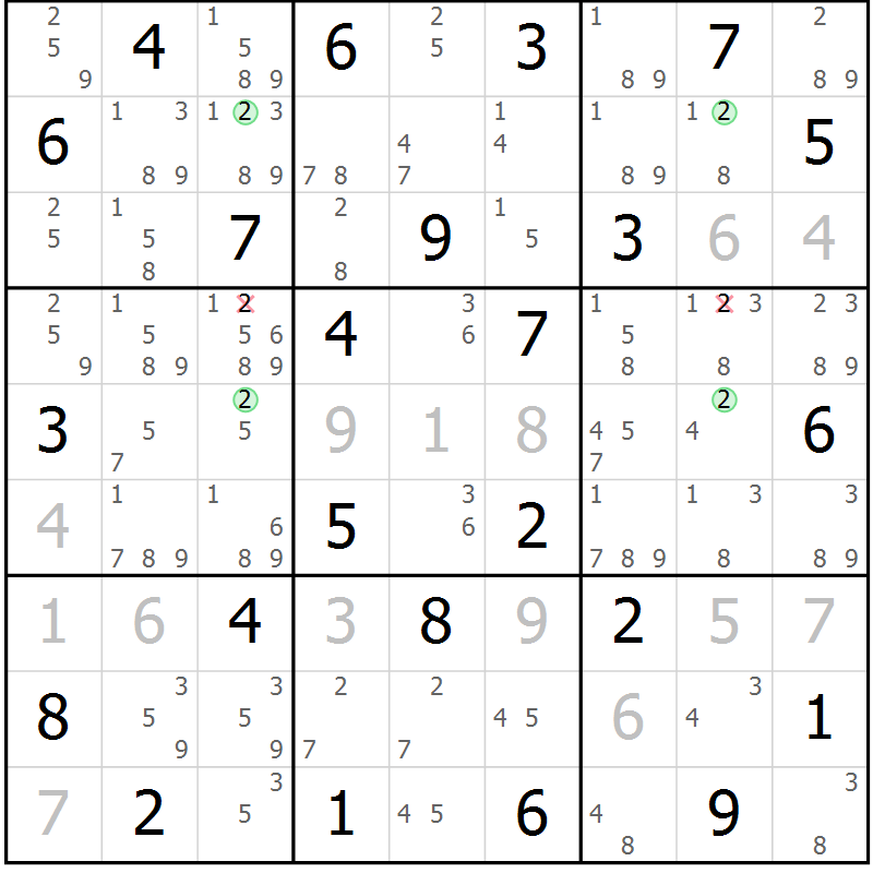 Position des candidats pour la solution de la Gr 25 page 28 du magazine de sudoku Maestro n° 086