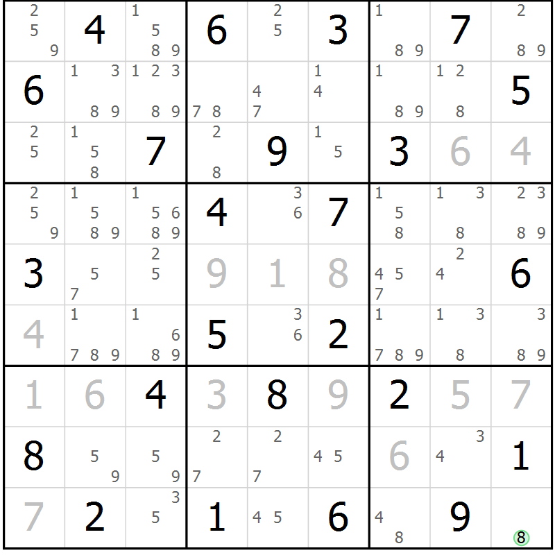 Position des candidats pour la solution de la Gr 25 page 28 du magazine de sudoku Maestro n° 086