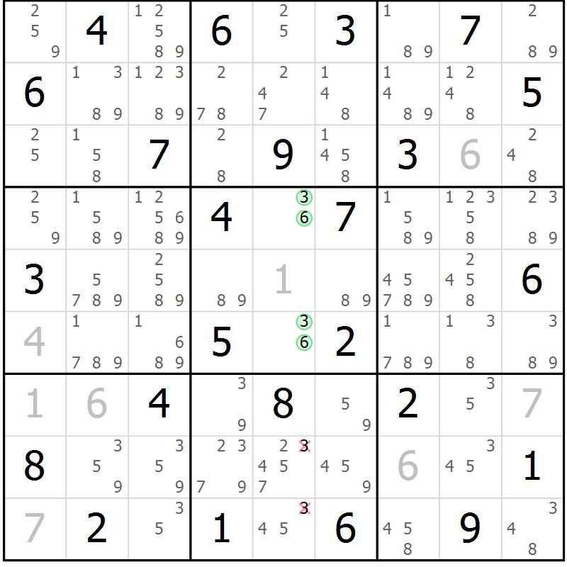 Position des candidats pour la solution de la Gr 25 page 28 du magazine de sudoku Maestro n° 086