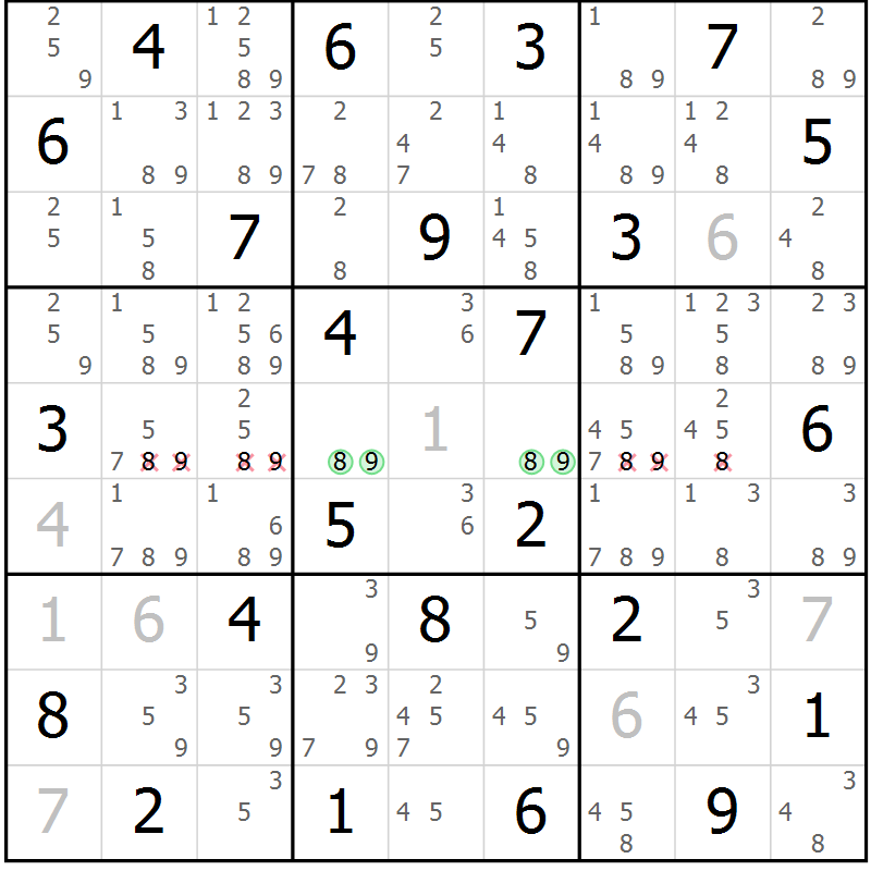Position des candidats pour la solution de la Gr 25 page 28 du magazine de sudoku Maestro n° 086