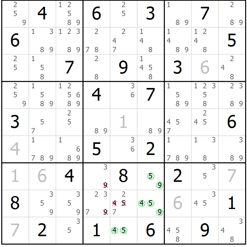 Position des candidats pour la solution de la Gr 25 page 28 du magazine de sudoku Maestro n° 086