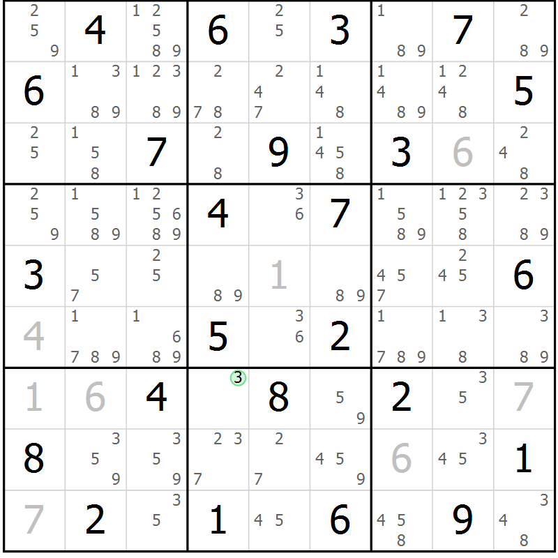 Position des candidats pour la solution de la Gr 25 page 28 du magazine de sudoku Maestro n° 086