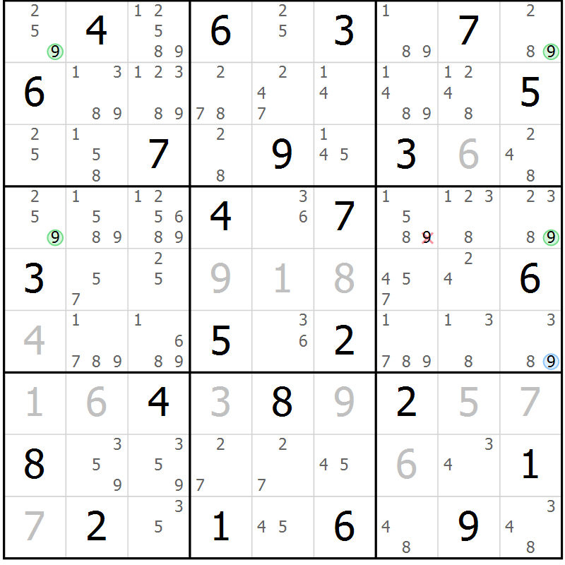 Position des candidats pour la solution de la Gr 25 page 28 du magazine de sudoku Maestro n° 086