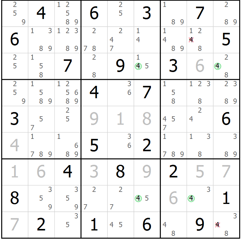 Position des candidats pour la solution de la Gr 25 page 28 du magazine de sudoku Maestro n° 086
