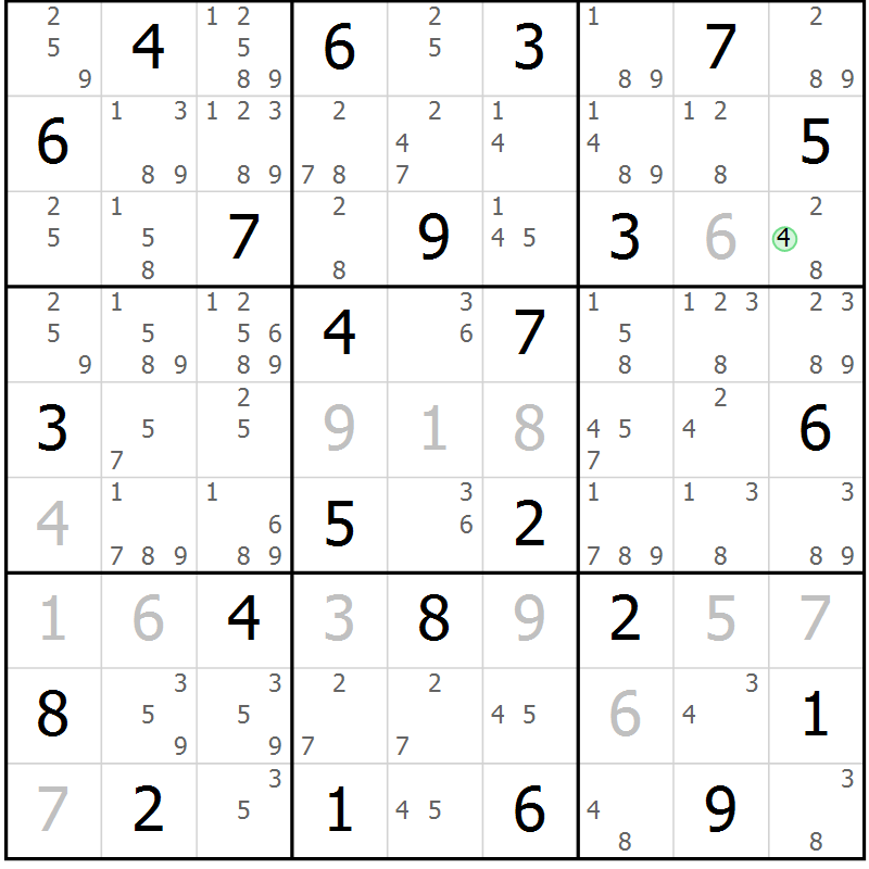 Position des candidats pour la solution de la Gr 25 page 28 du magazine de sudoku Maestro n° 086