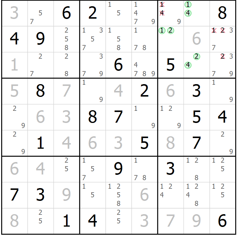 Position des candidats pour la solution de la Gr 27 page 30 du magazine de sudoku Maestro n° 086
