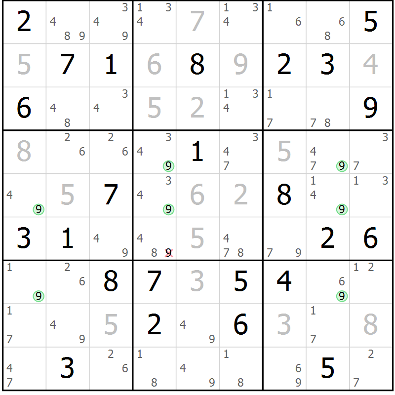 Position des candidats pour la solution de la Gr 28 page 31 du magazine de sudoku Maestro n° 086