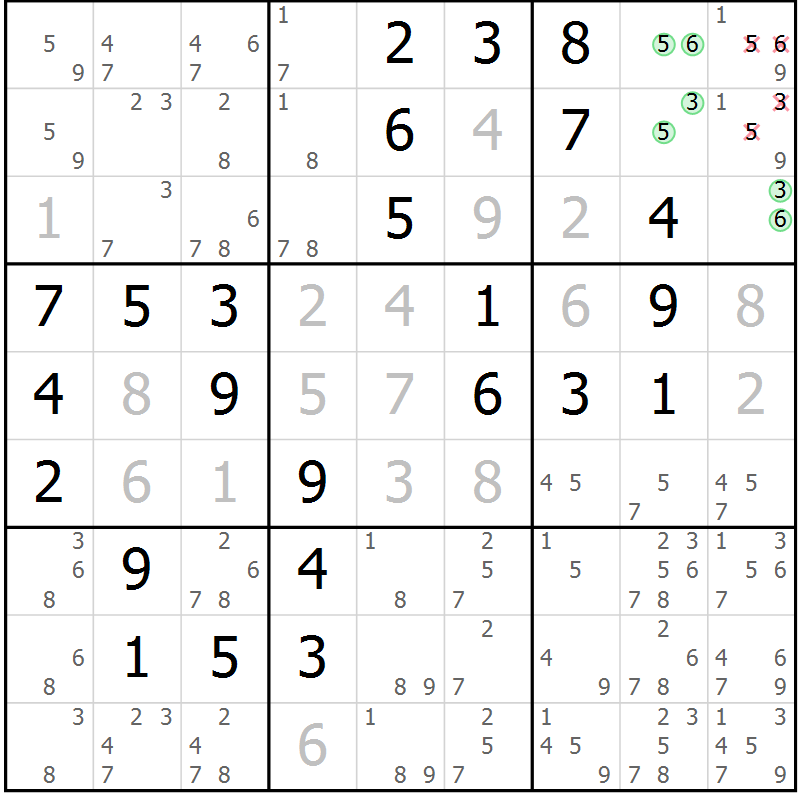 Position des candidats pour la solution de la Gr 3 page 6 du magazine de sudoku Maestro n° 086