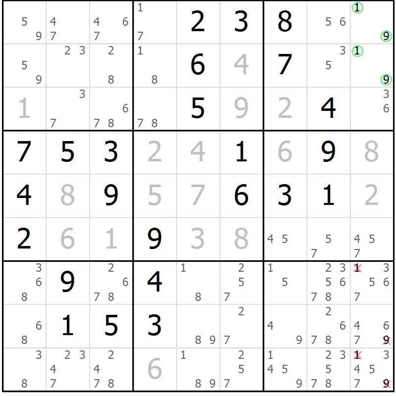 Position des candidats pour la solution de la Gr 3 page 6 du magazine de sudoku Maestro n° 086