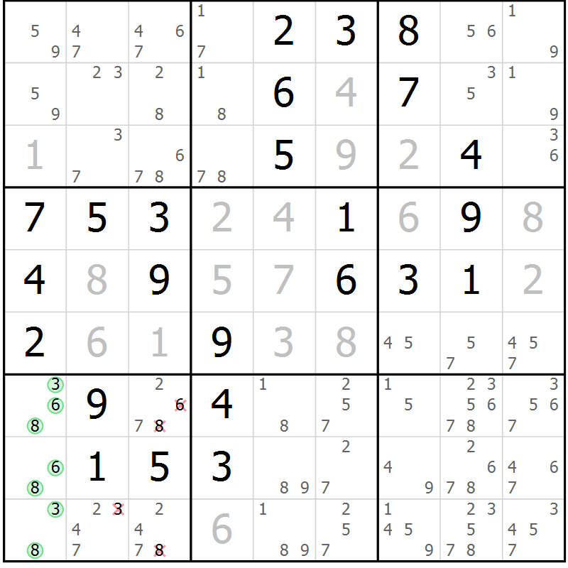 Position des candidats pour la solution de la Gr 3 page 6 du magazine de sudoku Maestro n° 086