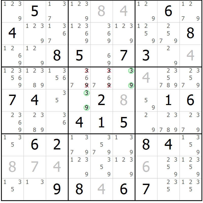 Position des candidats pour la solution de la Gr 33 page 36 du magazine de sudoku Maestro n° 086