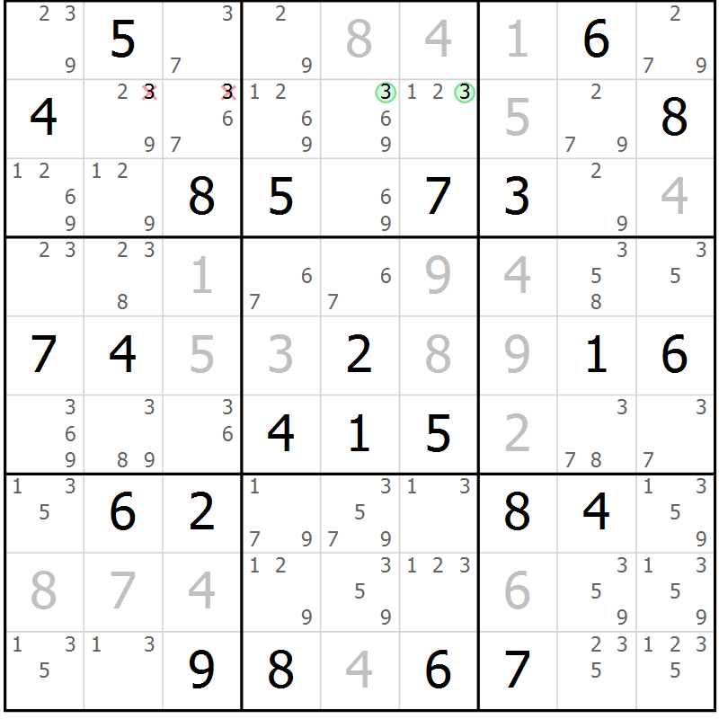 Position des candidats pour la solution de la Gr 33 page 36 du magazine de sudoku Maestro n° 086