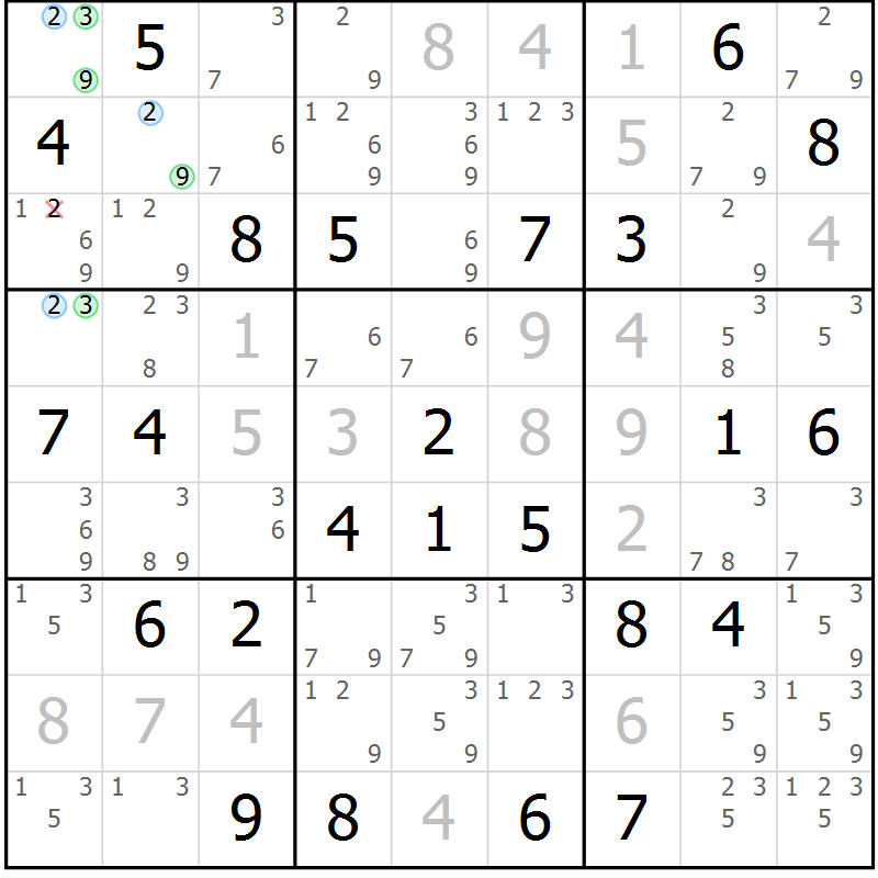 Position des candidats pour la solution de la Gr 33 page 36 du magazine de sudoku Maestro n° 086