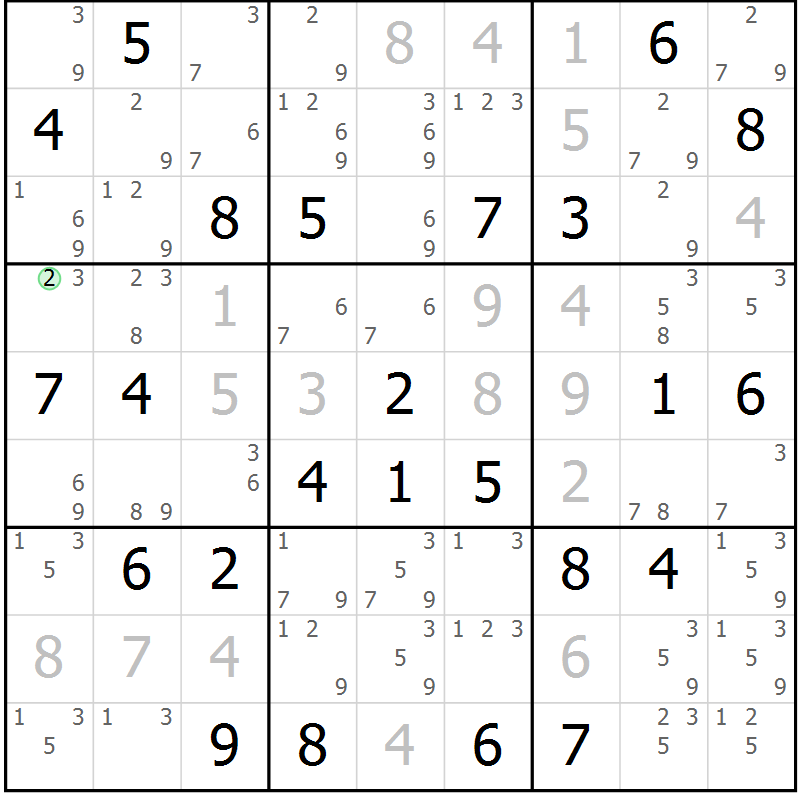 Position des candidats pour la solution de la Gr 33 page 36 du magazine de sudoku Maestro n° 086