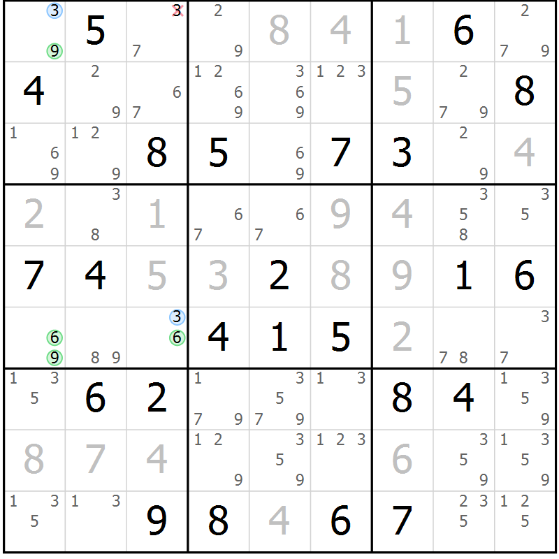 Position des candidats pour la solution de la Gr 33 page 36 du magazine de sudoku Maestro n° 086