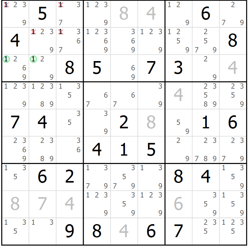 Position des candidats pour la solution de la Gr 33 page 36 du magazine de sudoku Maestro n° 086