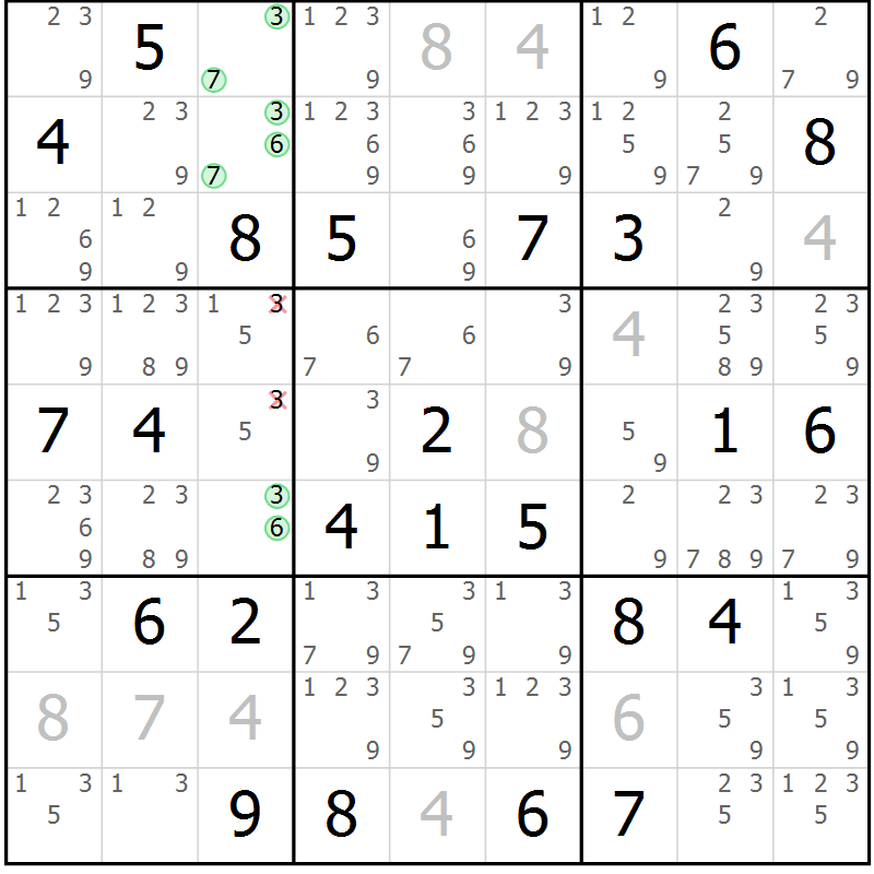 Position des candidats pour la solution de la Gr 33 page 36 du magazine de sudoku Maestro n° 086