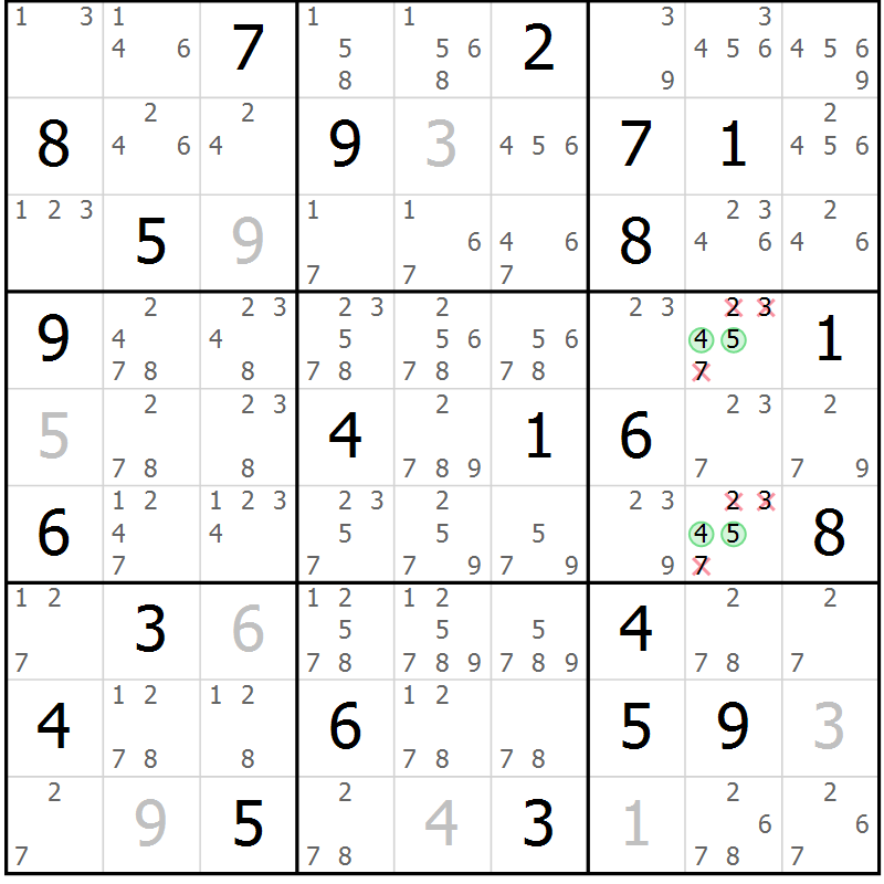 Position des candidats pour la solution de la Gr 36 page 39 du magazine de sudoku Maestro n° 086
