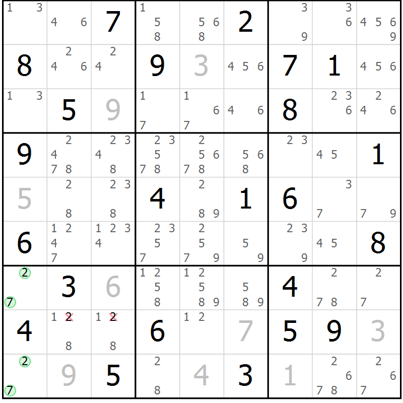 Position des candidats pour la solution de la Gr 36 page 39 du magazine de sudoku Maestro n° 086