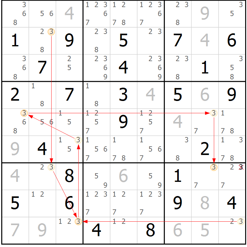 Position des candidats pour la solution de la Gr 38 page 41 du magazine de sudoku Maestro n° 086