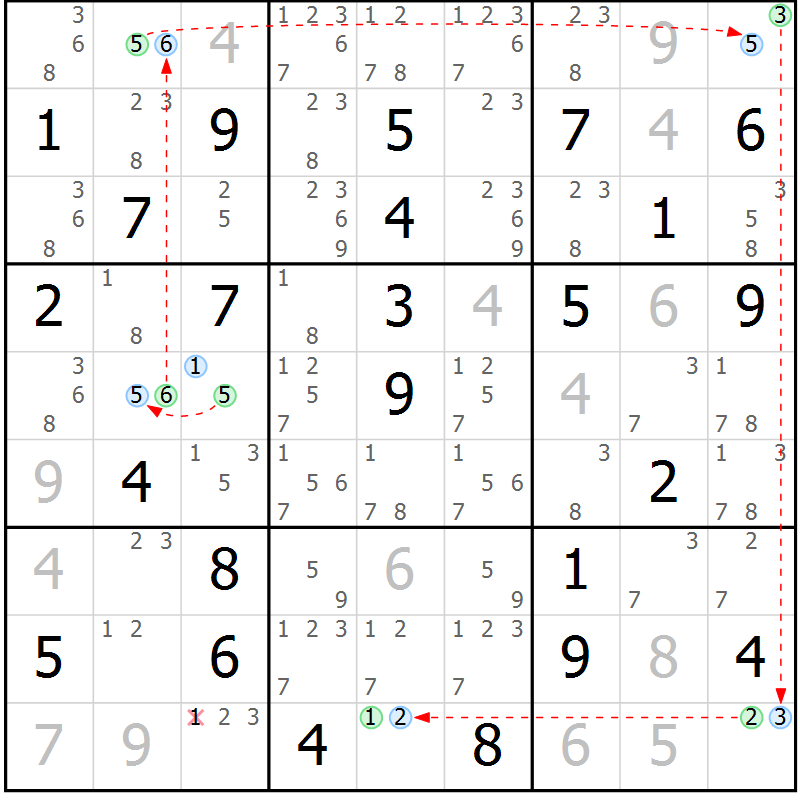 Position des candidats pour la solution de la Gr 38 page 41 du magazine de sudoku Maestro n° 086