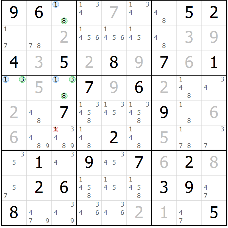 Position des candidats pour la solution de la Gr 40 page 43 du magazine de sudoku Maestro n° 086